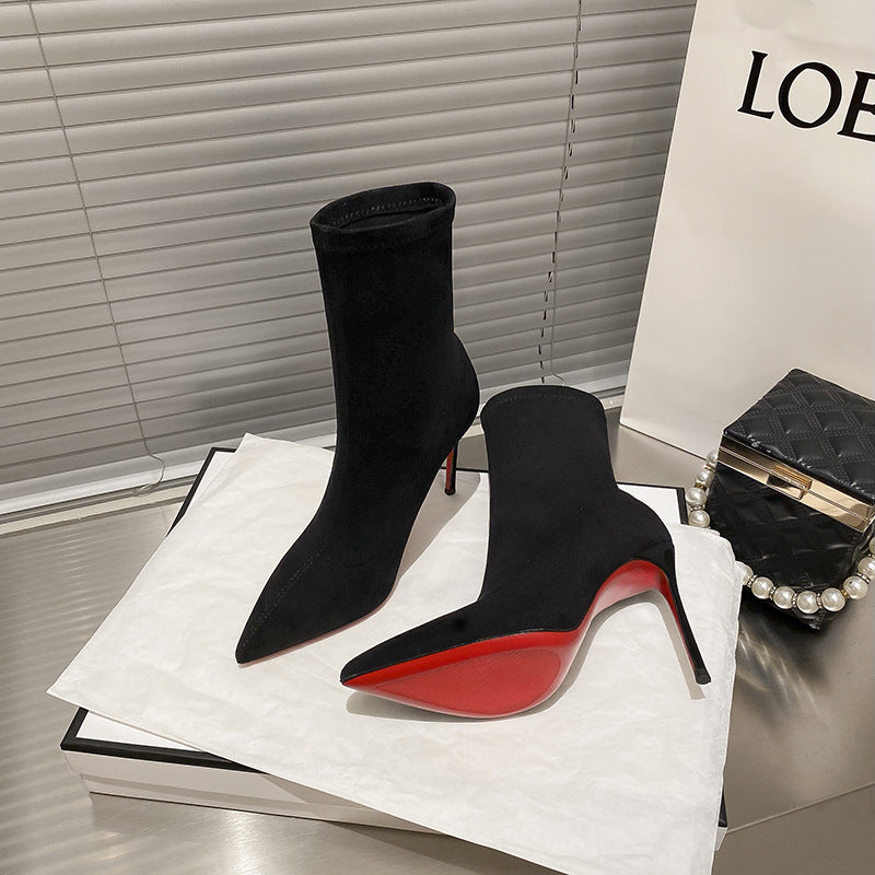 Women's High Pointed Ankle Fine With Black Elastic Socks Boots