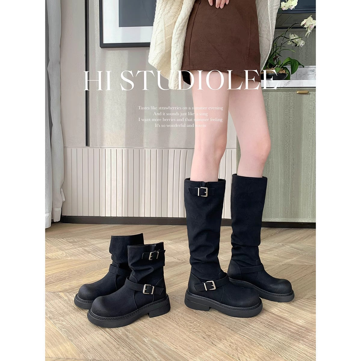 Women's Increasing Two Kinds Of Sock Length Retro Round Head Chunky Women's Leather Boots