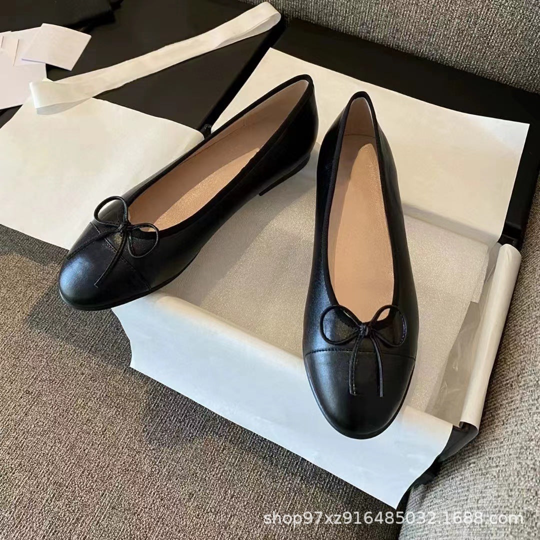 Women's Style Flat Pumps Bow Color Matching Ballet Round Head Shallow Heels