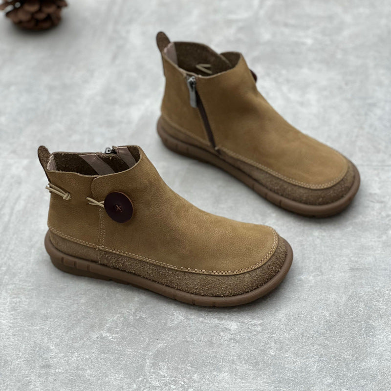 Women's Artistic Crafts Short Retro Mori Style Round Toe Flat Bottom Women's Leather Boots