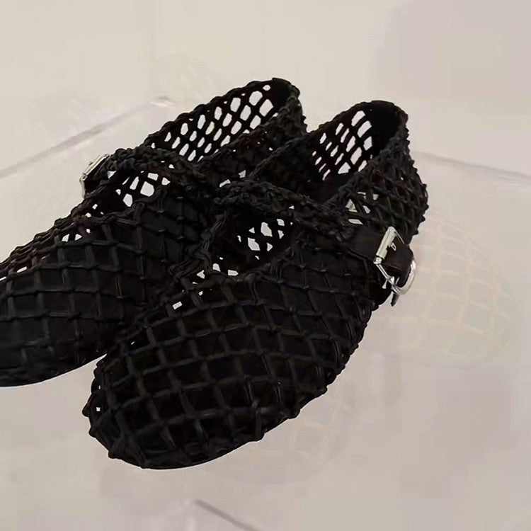 Women's Niche Handmade Woven Hollowed Breathable Strap Genuine Mary Jane Pumps Women's Fashion Shoes