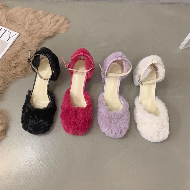 Women's Square Head Hollow Fluffy Fashionable Mary Jane Autumn Heels