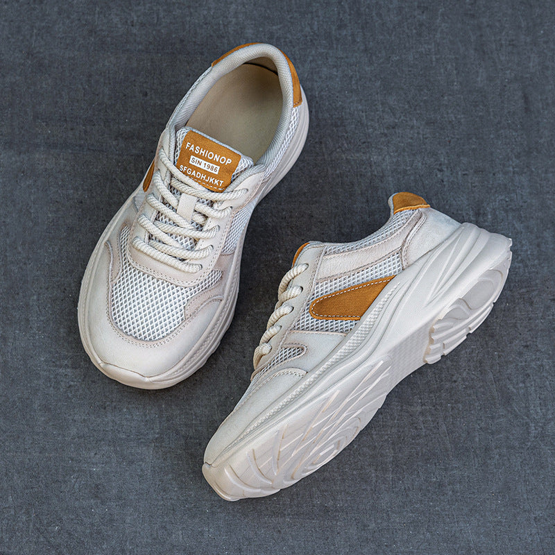 Women's Cowhide Dad Thick Bottom Breathable Mesh Color Casual Shoes