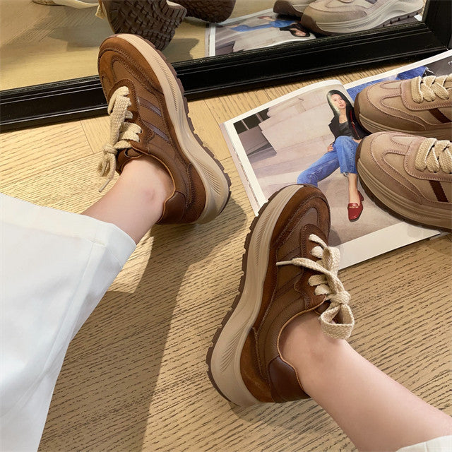 Women's Fashionable First Layer Cowhide Two Bars Thick Bottom Heightened Daddy Casual Shoes