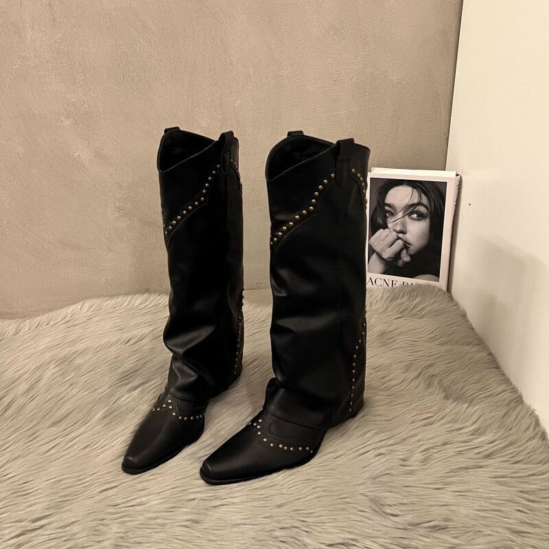 Women's Style Pointed Toe Pantyhose Autumn Rivets Long Below The Women's Leather Boots