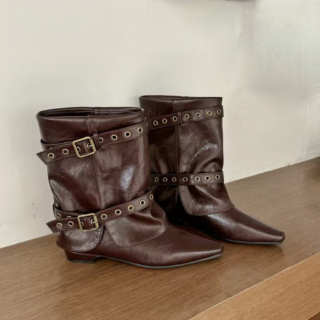 Women's Suede Square Toe Pantyhose For Western Cowboy Knight Women's Leather Boots