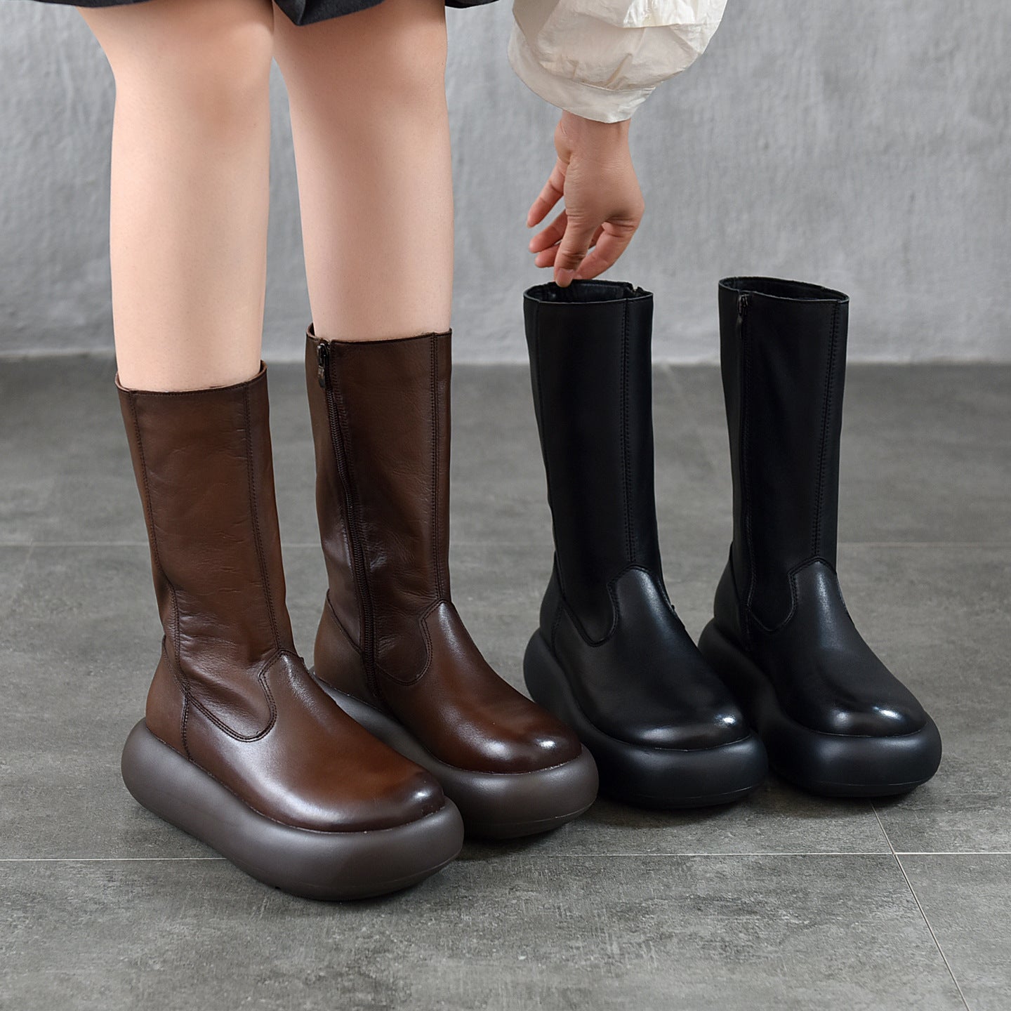 Round Head Thick Bottom Side Zipper Women's Leather Boots