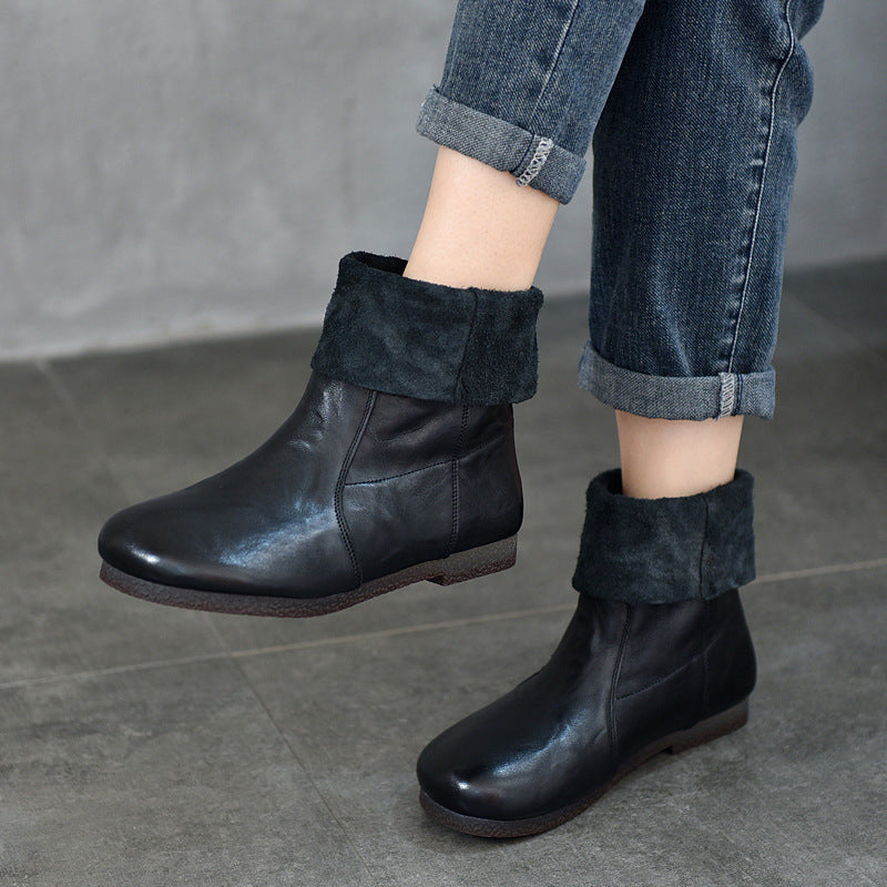 Women's Layer Cowhide Sleeve Middle Round Head Genuine Female Flat Boots