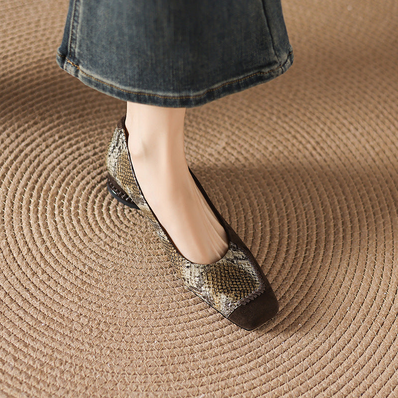 Women's French Entry Lux Snake Pattern Sheepskin Stitching Low Frosted Square Heels