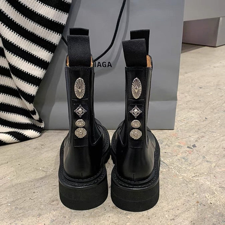 Women's Badge Buckle Height Increasing Desert Chelsea Thick-soled Women's Leather Boots