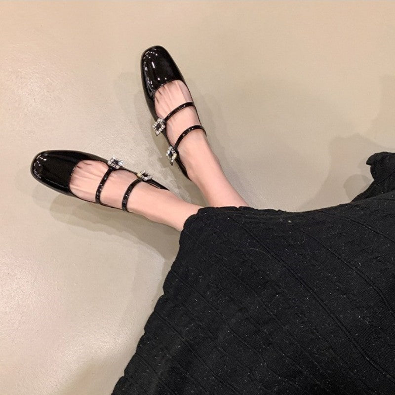 Women's Exquisite Square Head Authentic Rhinestones Buckled Chunky Mary Jane Women's Shoes