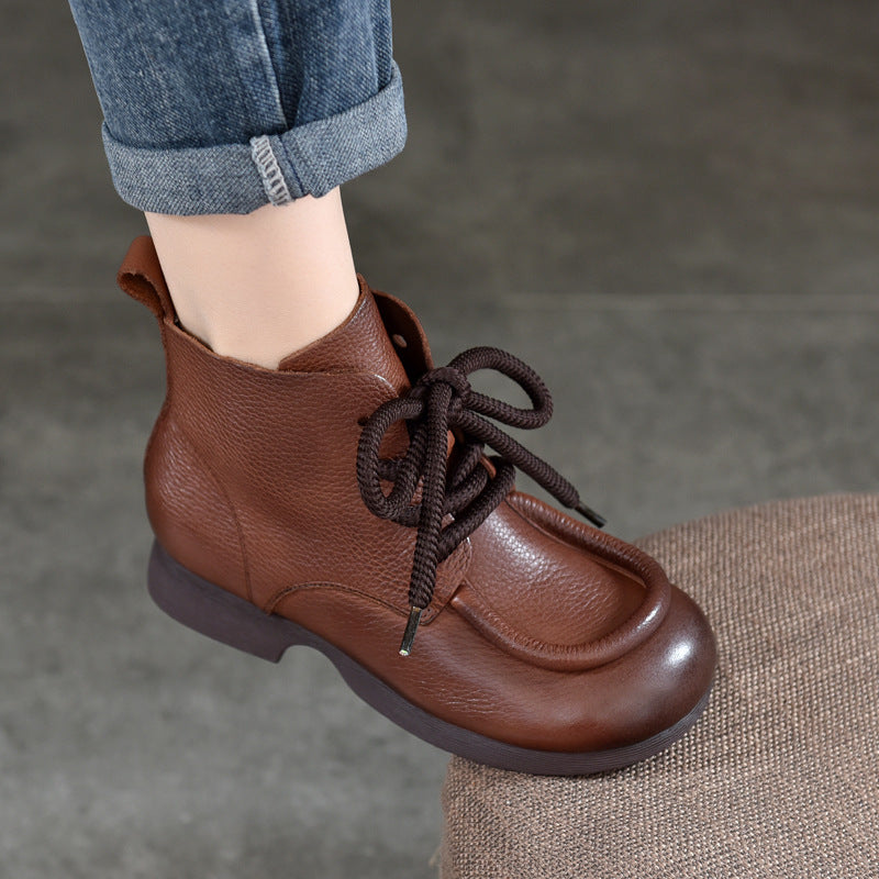 Women's Cowhide Handmade Short Lace Up Round Toe Flat Cozy Women's Leather Boots