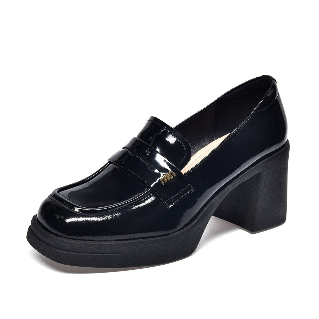 Women's Genuine Pumps High Black Patent Chunky Small Leather Shoes