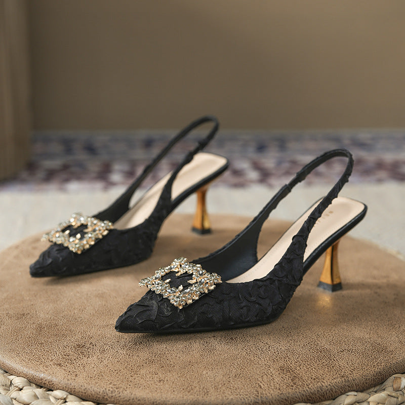 Women's Style Satin Pleated Square Buckle Pointed Toe Sandals