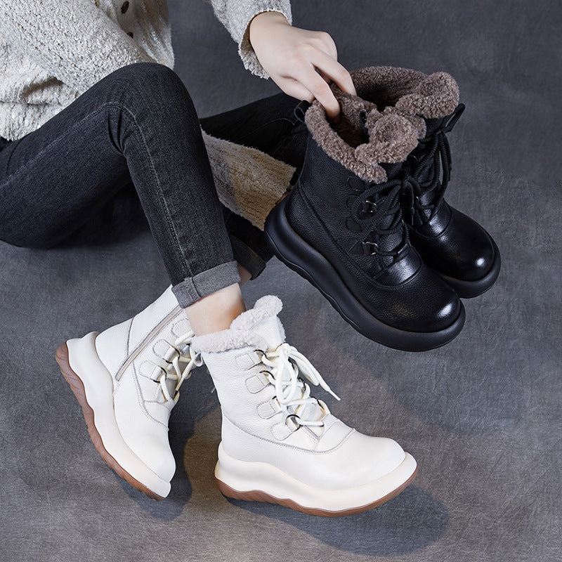 Women's Layer Cowhide Winter Lamb Fleece-lined Thickened Snow Boots