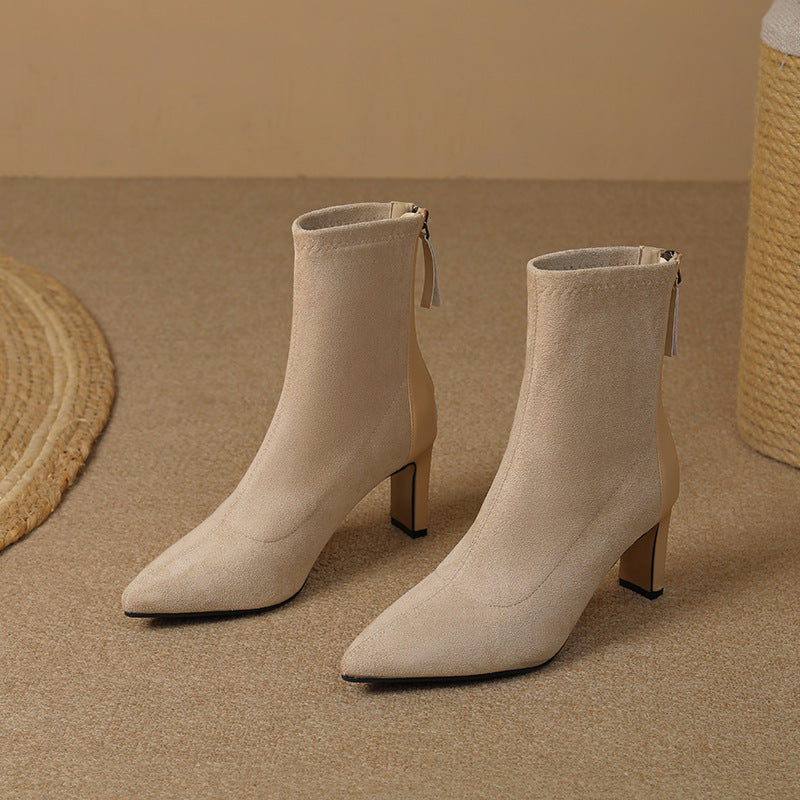 Women's French Style High Chunky Pointed Toe Back Zipper Suede Stretch Women's Leather Boots