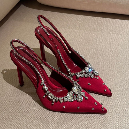Summer Fairy Diamond Pointed Toe Stiletto Red Silk High Heeled Sandals