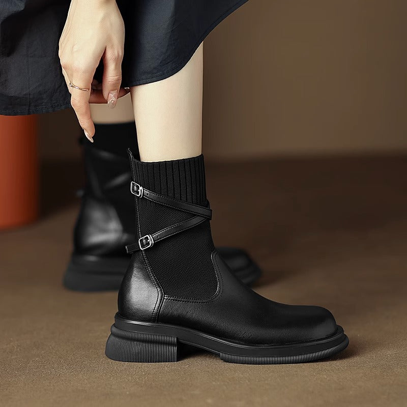 Women's Martin Widened Retro Stretch Socks Brown Platform Boots