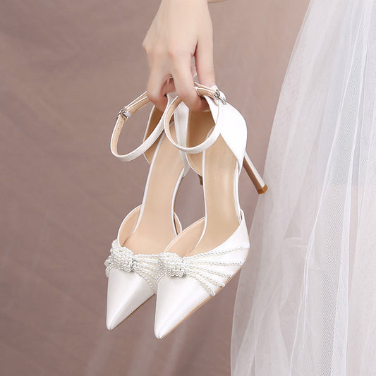 Women's Pearl Pointed Toe Stiletto Buckle Strap High Sexy Satin Pumps Heels