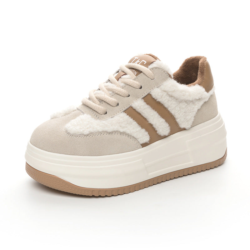 Women's Cotton Platform Height Increasing Insole Genuine Lamb Fur Sneakers