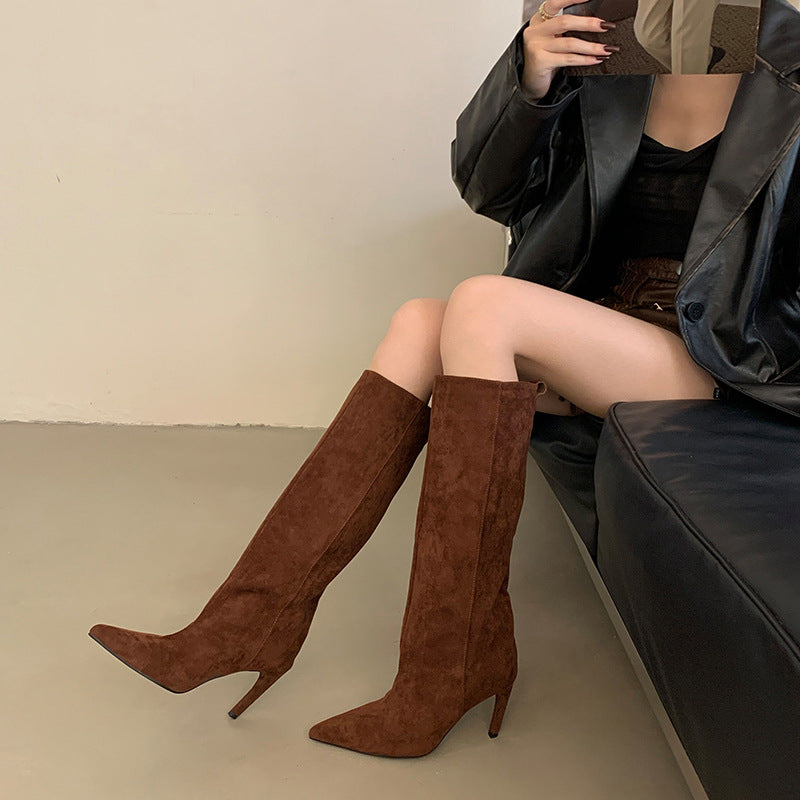 Pointed Toe High Leg Simple Temperament Pure Color Women's Leather Boots