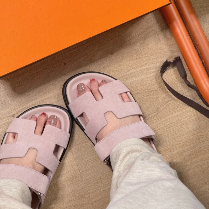 Women's Lazy Velcro Genuine Summer Thick Sole Half Slippers