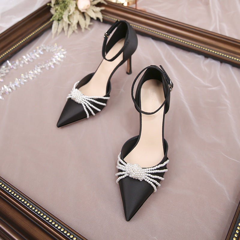 Women's Pearl Pointed Toe Stiletto Buckle Strap High Sexy Satin Pumps Heels