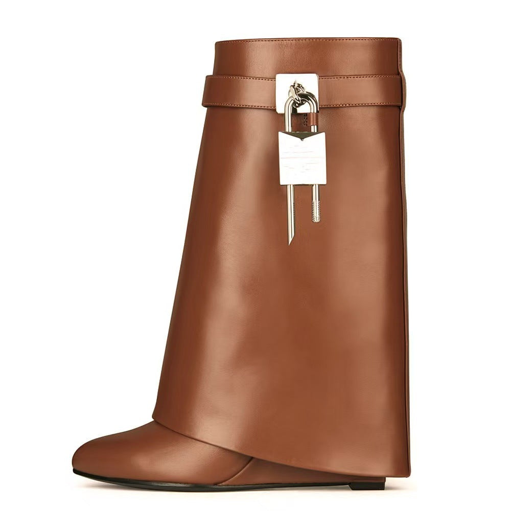 Women's Large Tube Lock Skirt Broken Round Toe Surface High Short Heels