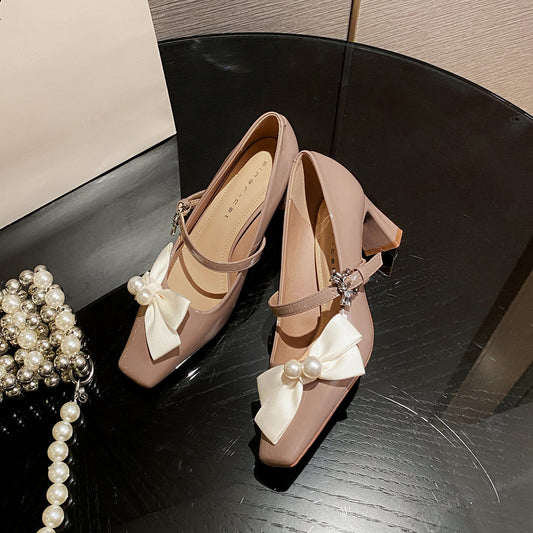 Women's Chunky Square Toe Mary Jane French Pearl Bow Heels