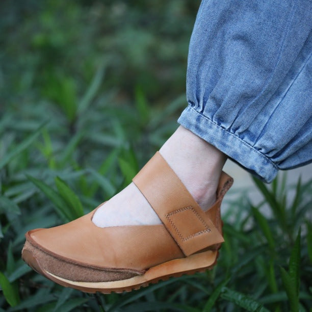 Women's Style Top Layer Cowhide V Cut Pumps Soft Back Thick Platform Sandals