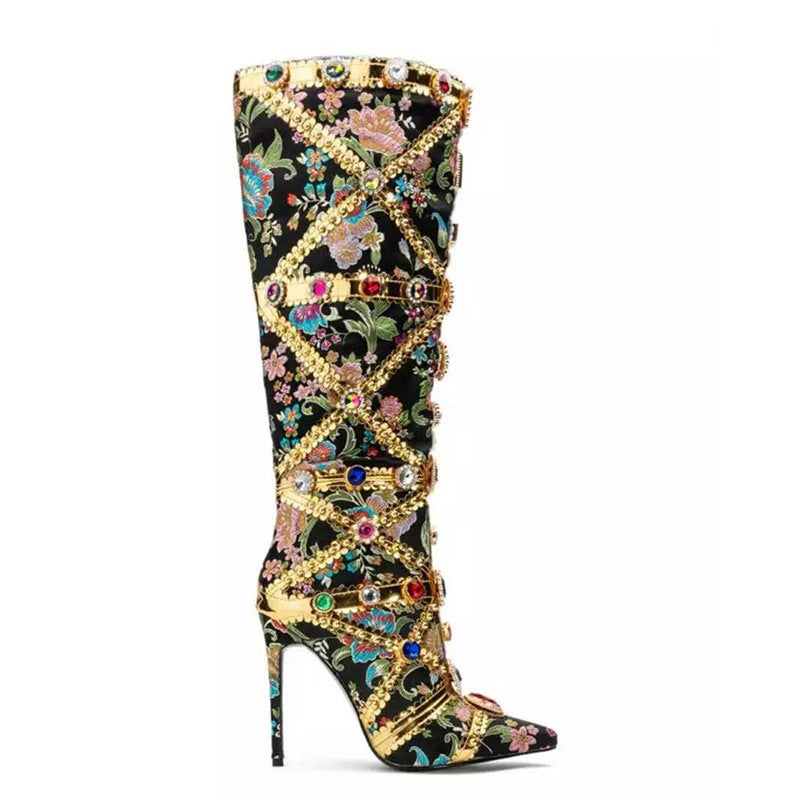 Toe Stiletto Side Zipper Heavy Handmade Rhinestone Embroidery Fashion Plus Women's Leather Boots