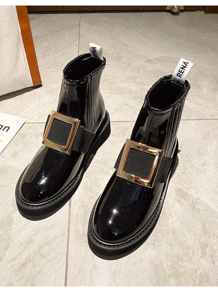 Women's Ankle Rhinestone Square Buckle Patent British Boots