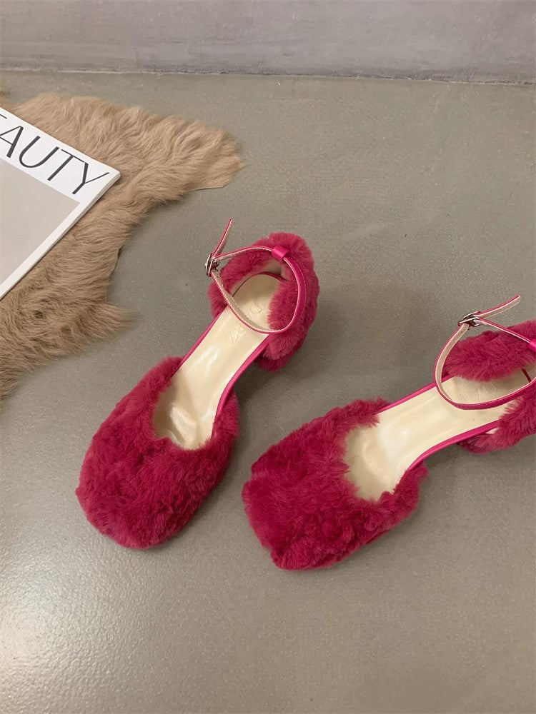 Women's Square Head Hollow Fluffy Fashionable Mary Jane Autumn Heels