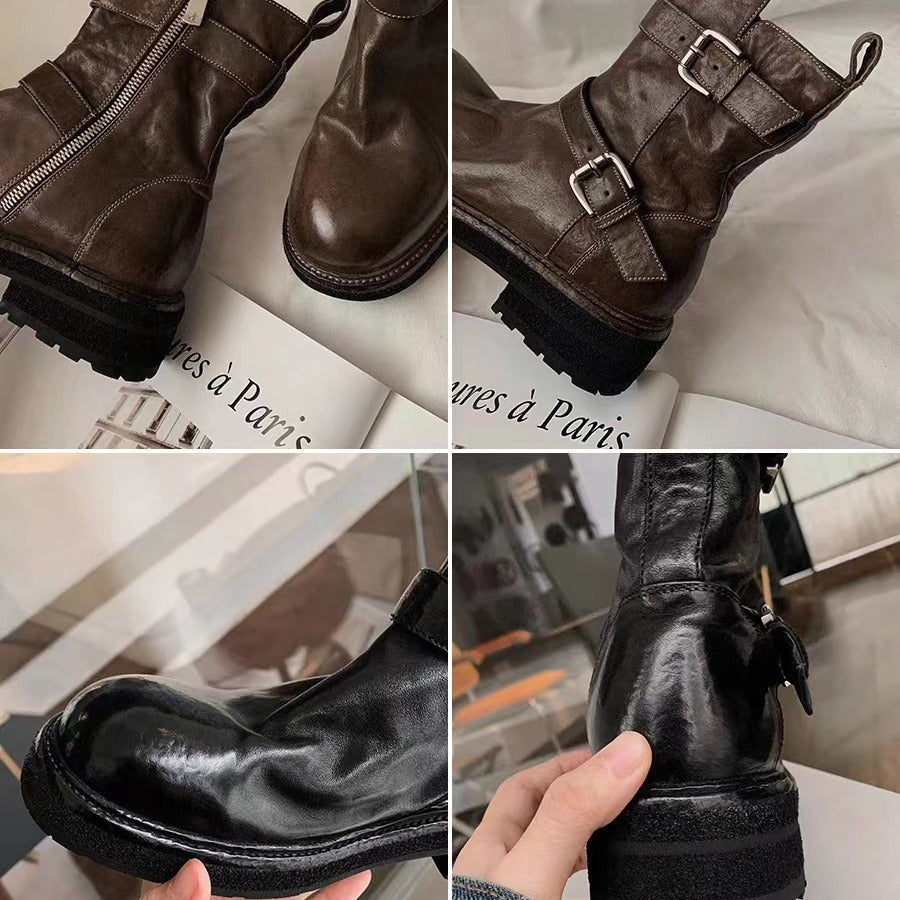 Women's Shrink Horse Round Head Thick Bottom Skinny Ankle Women's Leather Boots