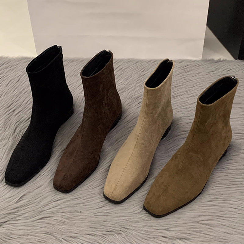 Women's Cowhide Ankle Female Square Toe Suede Korean Style Small French Women's Leather Boots