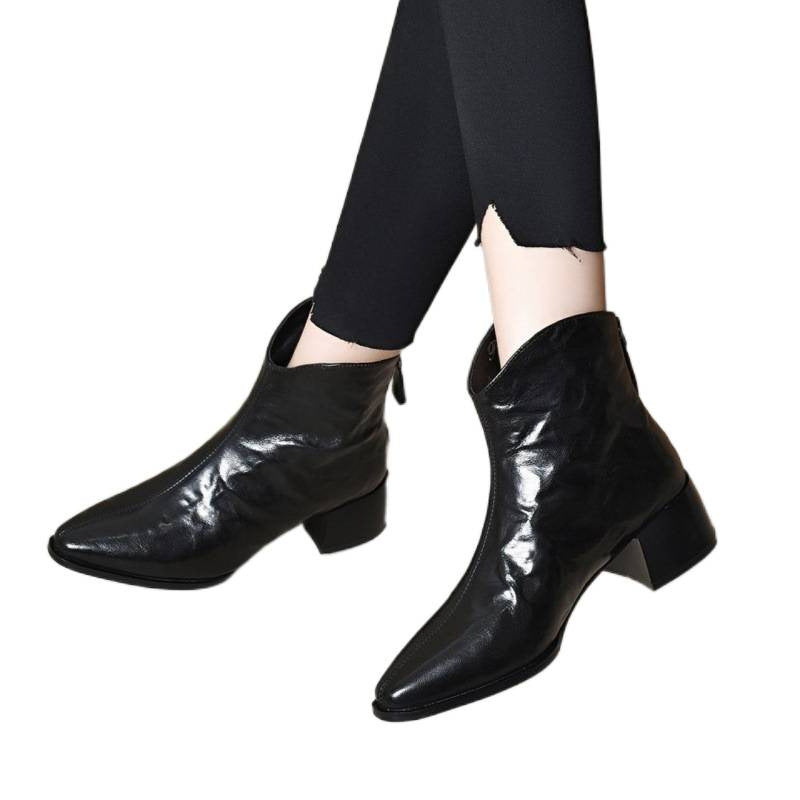 Women's Chunky Temperament Booties Soft Bottom Outdoor Pointed Women's Leather Boots