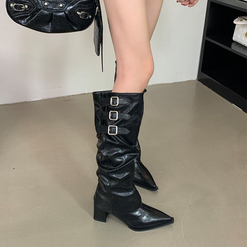 Women's Two-way Retro Hot Style High Long Thick Pleated Women's Leather Boots