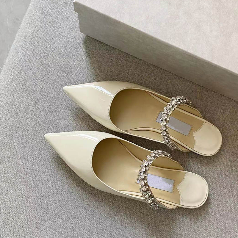 Women's High Version Rhinestone Patent Pointed Toe Pumps Mules Flat Slippers