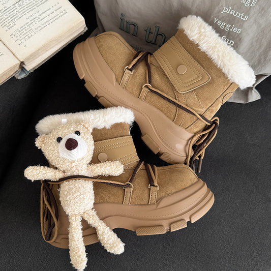 Big Head Couple Winter Platform Double Face Wool Strap Women's Snow Boots