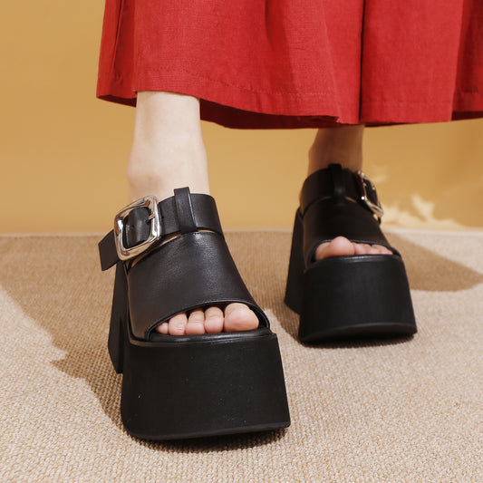 Women's Ancient Summer First Layer Cowhide Platform Height Increasing Outer Wear Slippers