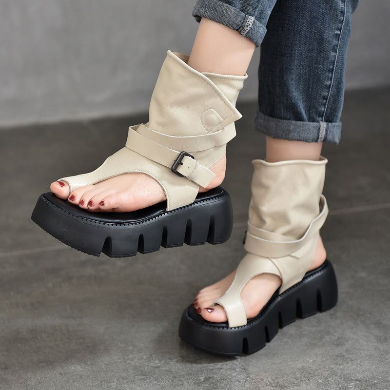 Roman Open Toe Summer Belt Buckle Back Empty Covering High-cut Platform Sandals