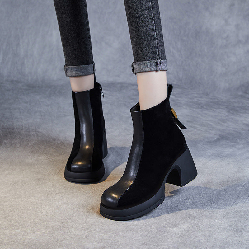 Women's Sheep Split High Fashion Genuine Chelsea Fleece-lined Thick Cowhide Thin Boots
