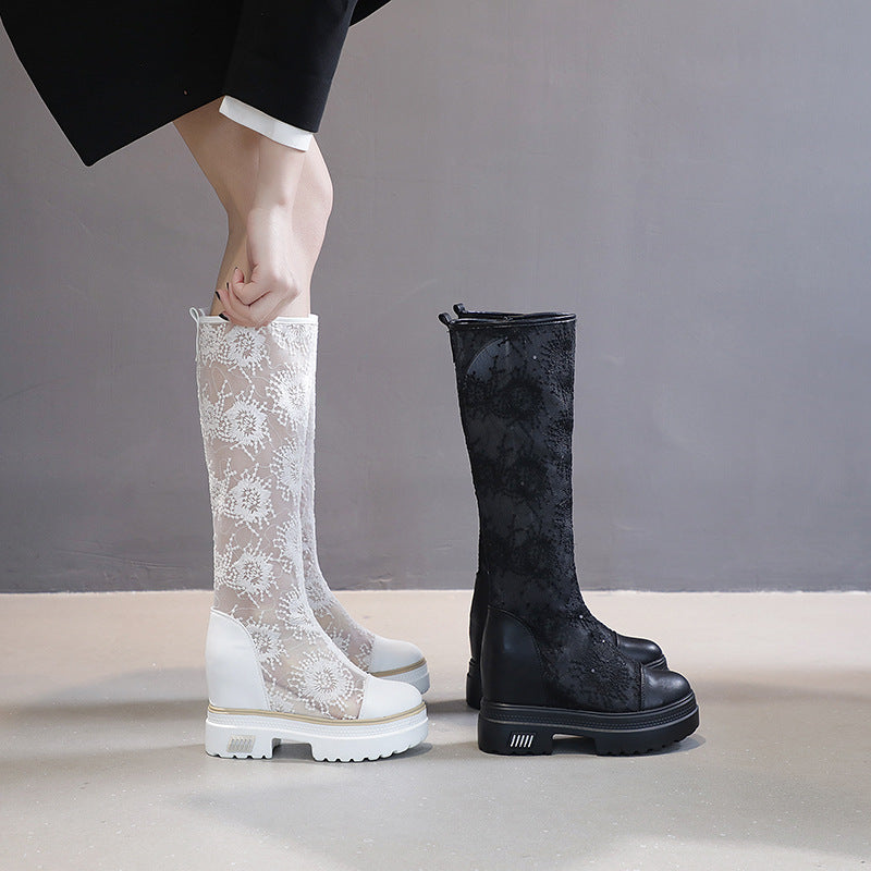 Women's White Embroidered Mesh Height Increasing Insole Thin Below The Knee Boots
