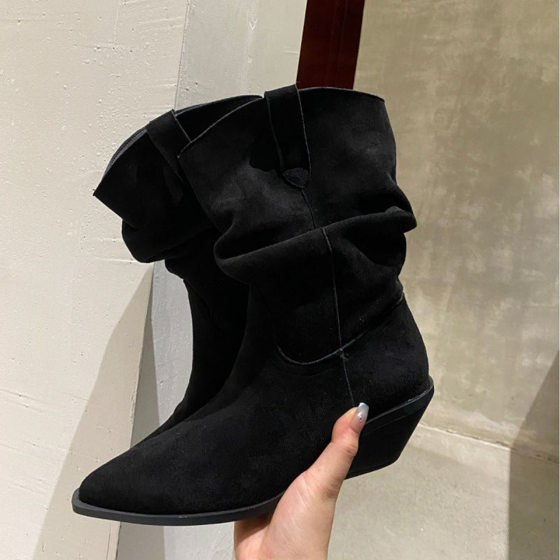 Versatile Retro Ankle Korean Style Chunky Sleeve Short Pleated Women's Leather Boots