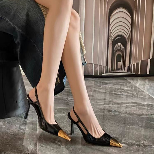 Women's Gold Black Patent Stiletto Sexy Square Toe High Heeled Sandals