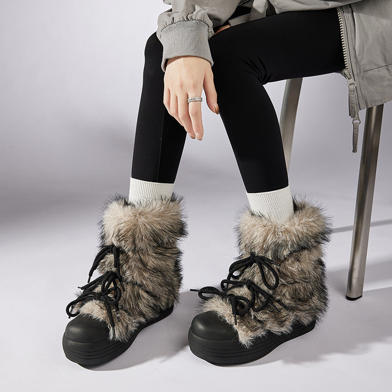 Platinum Plush Warm Long Wool Bow Round Toe Boots