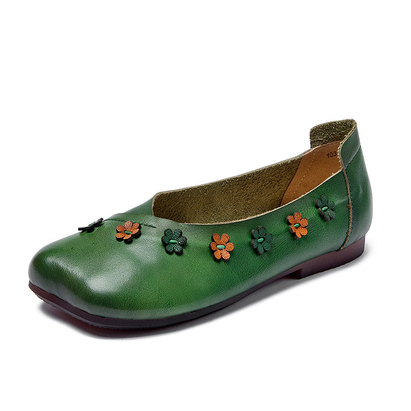 Women's Spring Genuine Flower Cowhide Fairy Style Flat Bottom Leather Shoes