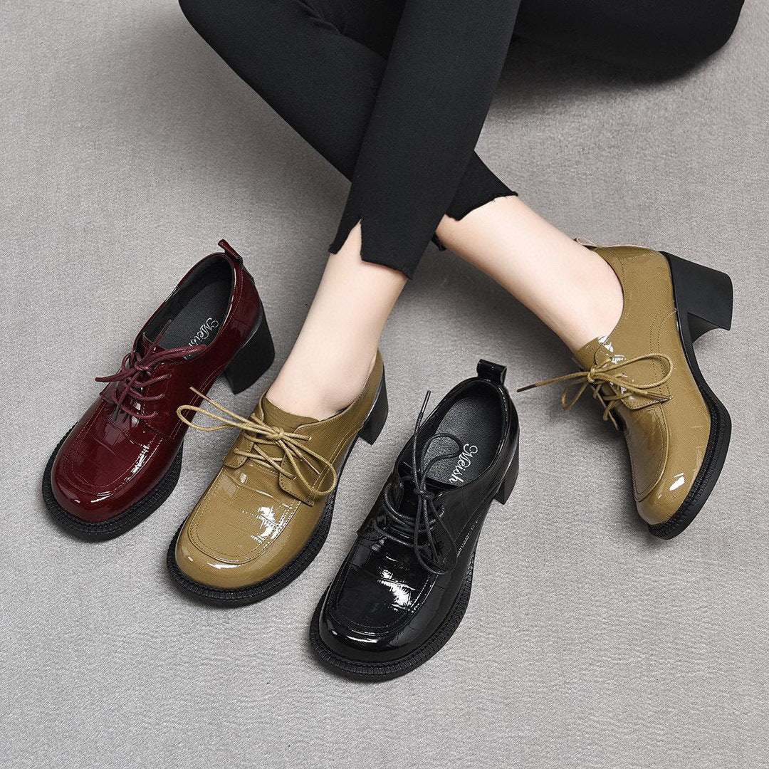 Women's British Style Patent Cowhide Chunky Spring Women's Shoes