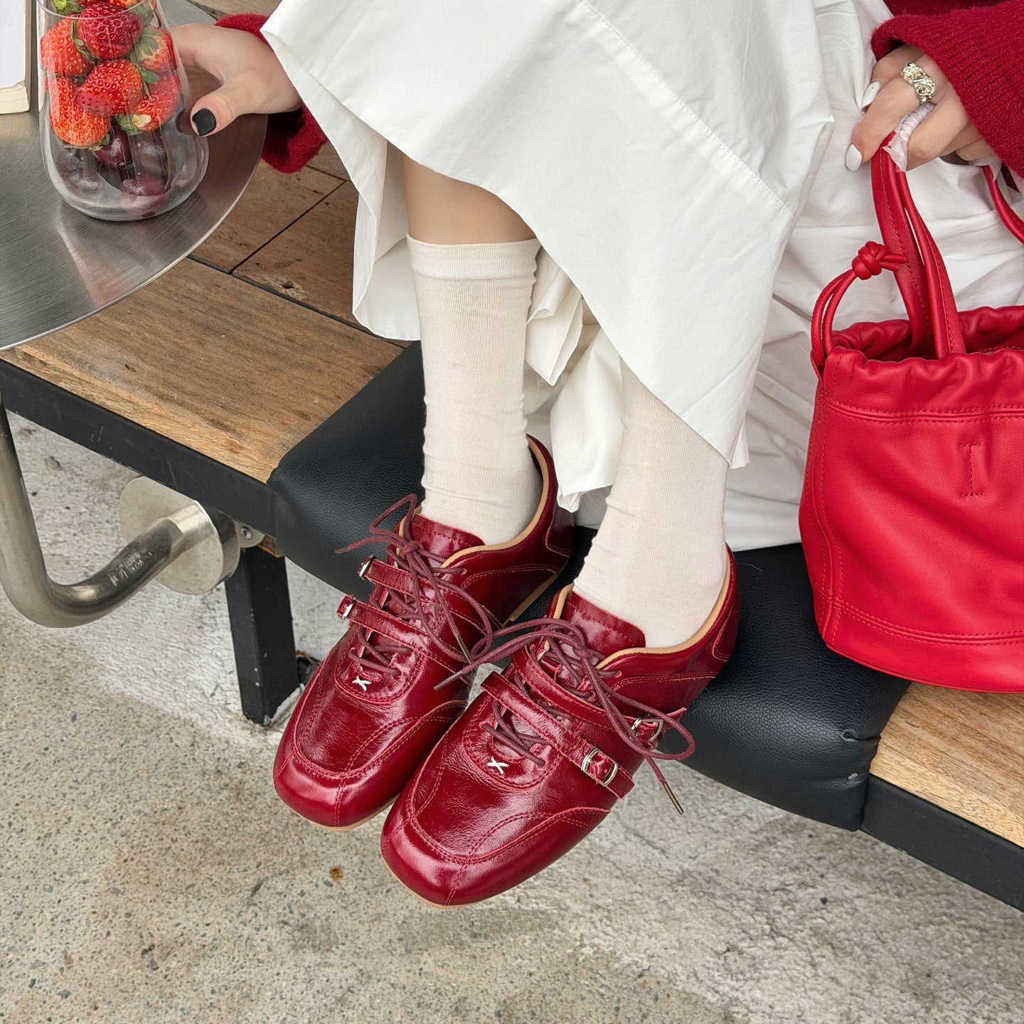 Women's Small Chunky Square Toe Double Buckle Leather Shoes