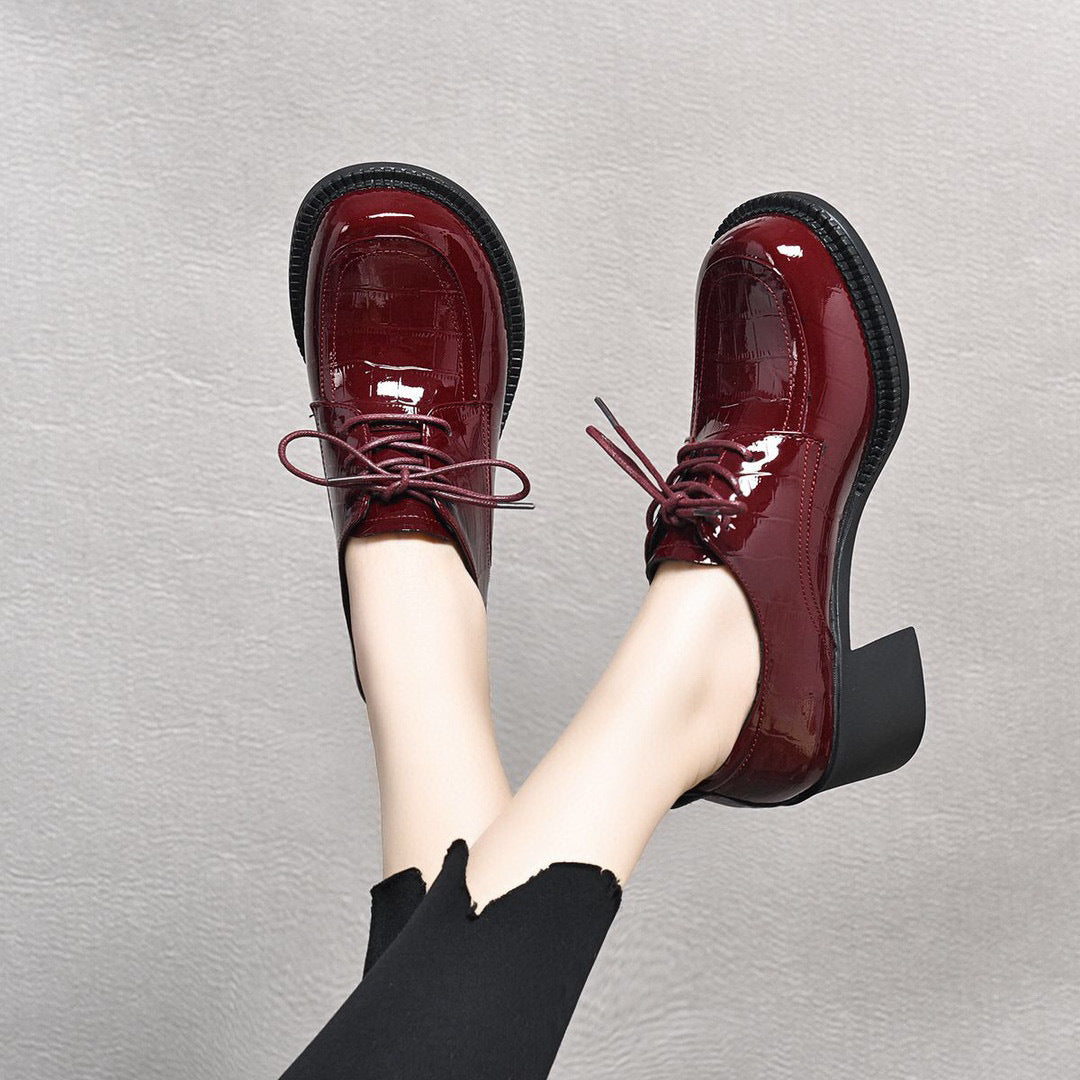 Women's British Style Patent Cowhide Chunky Spring Women's Shoes